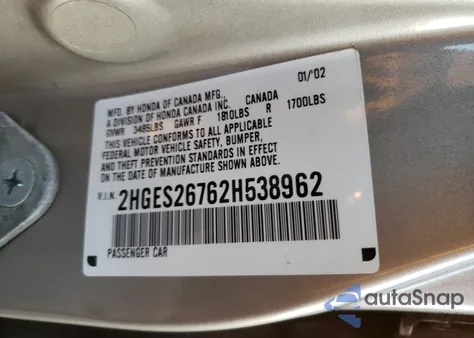 2002 Honda Civic Ex из США, поврежденный, VIN 2HGES26762H538962